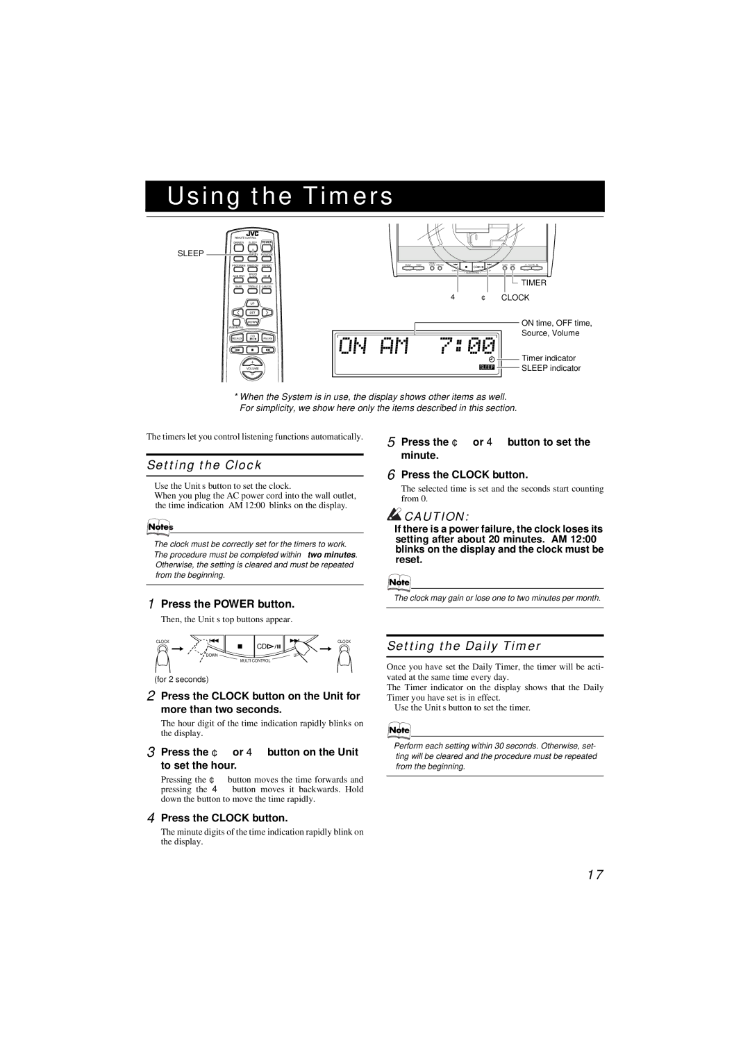 JVC FS-SD550, FS-SD990 manual Using the Timers, Setting the Clock, Setting the Daily Timer, Press the Power button 