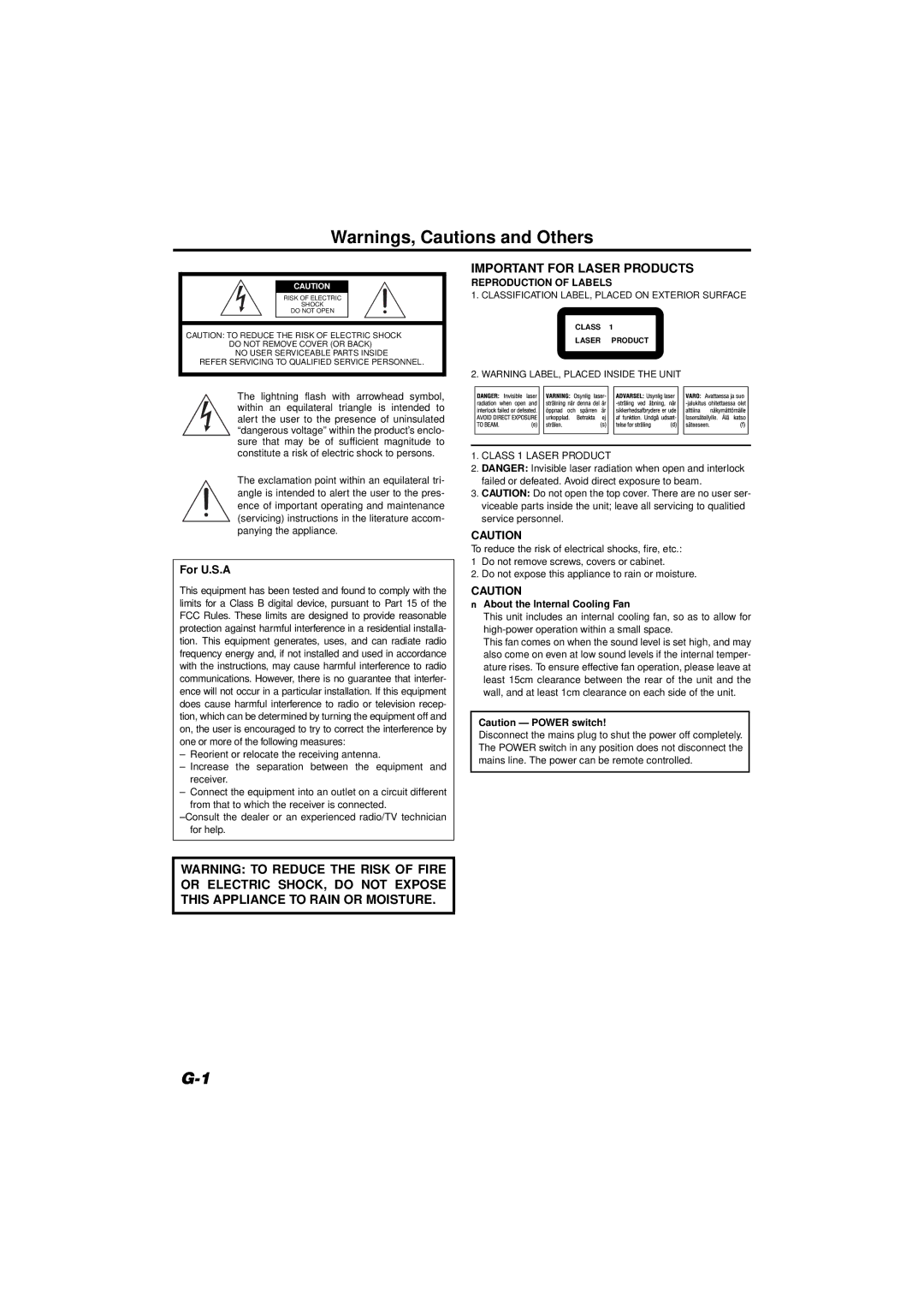 JVC FS-SD990, FS-SD550 manual For U.S.A, Class 1 Laser Product 