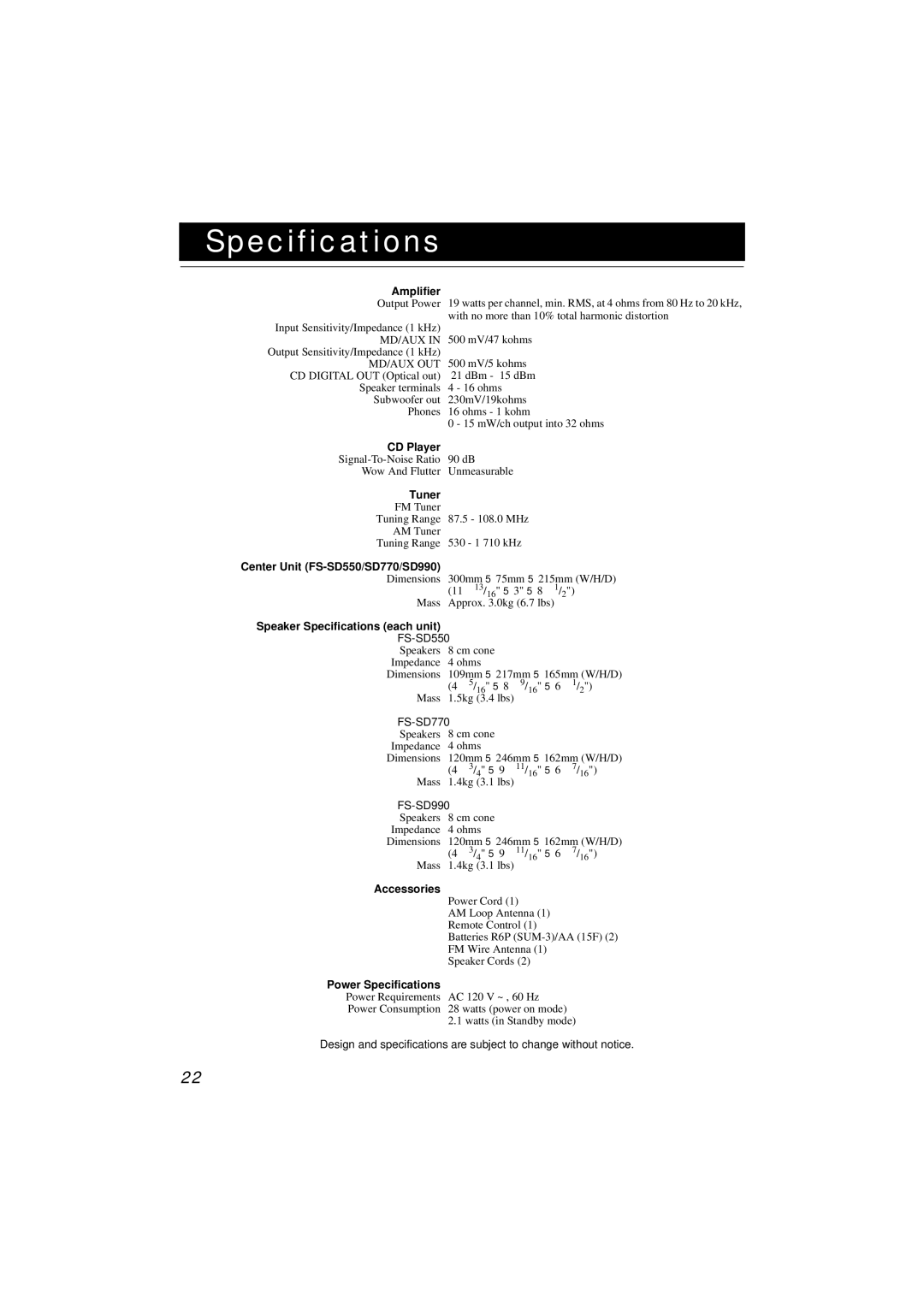 JVC FS-SD990, FS-SD550 manual Specifications 