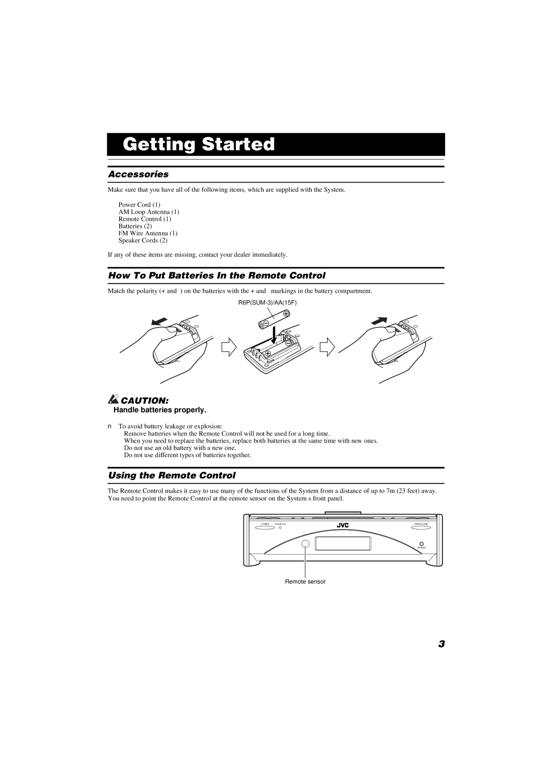 JVC FS-SD550, FS-SD990 Getting Started, Accessories, How To Put Batteries In the Remote Control, Using the Remote Control 