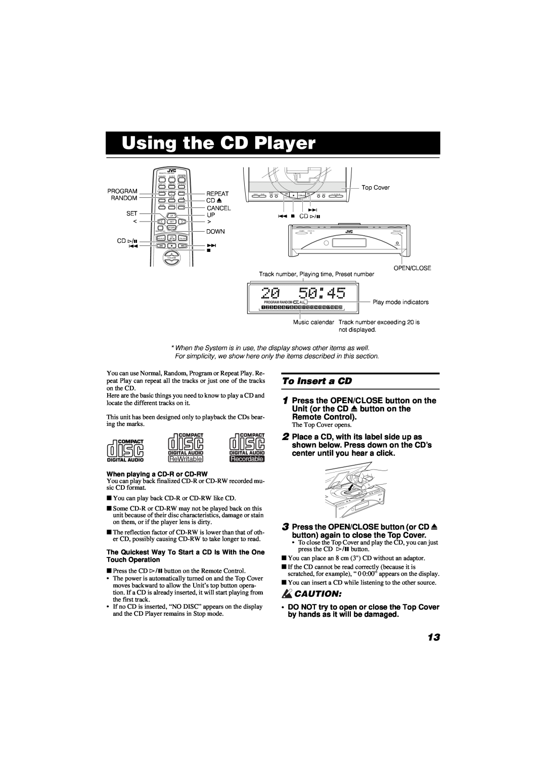 JVC FS-SD550, FS-SD990 manual Using the CD Player, To Insert a CD 