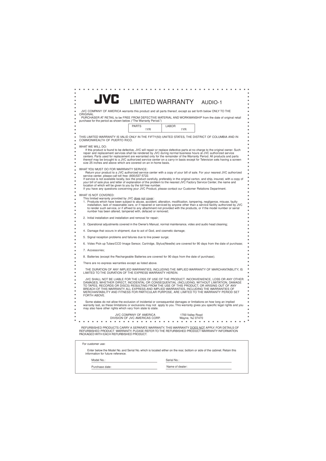 JVC FS-SD990, FS-SD550 manual LIMITED WARRANTY AUDIO-1 