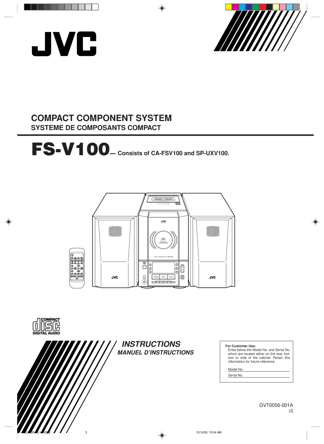 JVC manual Compact Component System, FS-V100- Consists of CA-FSV100 and SP-UXV100 