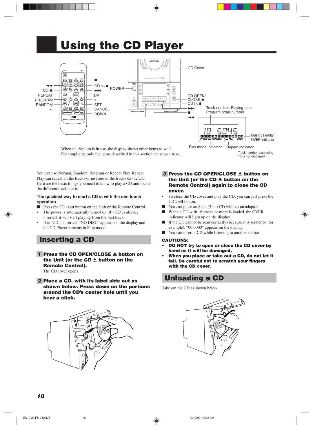 JVC FS-V100 manual Using the CD Player, Inserting a CD, Unloading a CD 