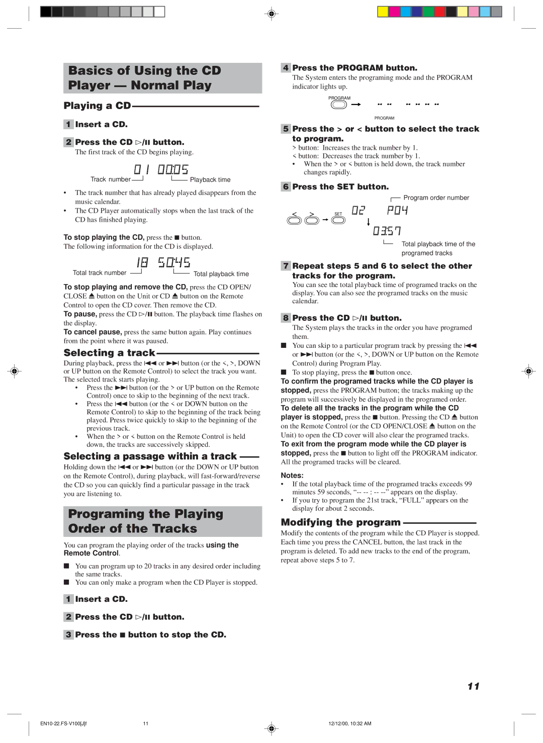 JVC FS-V100 manual Basics of Using the CD Player Normal Play, Programing the Playing Order of the Tracks 