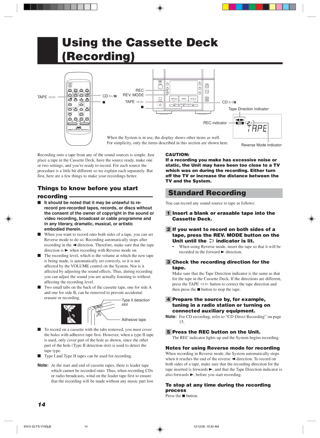 JVC FS-V100 manual Using the Cassette Deck Recording, Standard Recording, Things to know before you start recording 