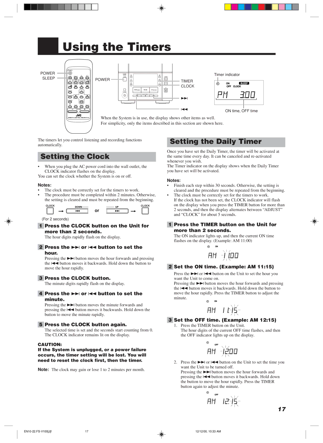 JVC FS-V100 manual Using the Timers, Setting the Clock, Setting the Daily Timer 