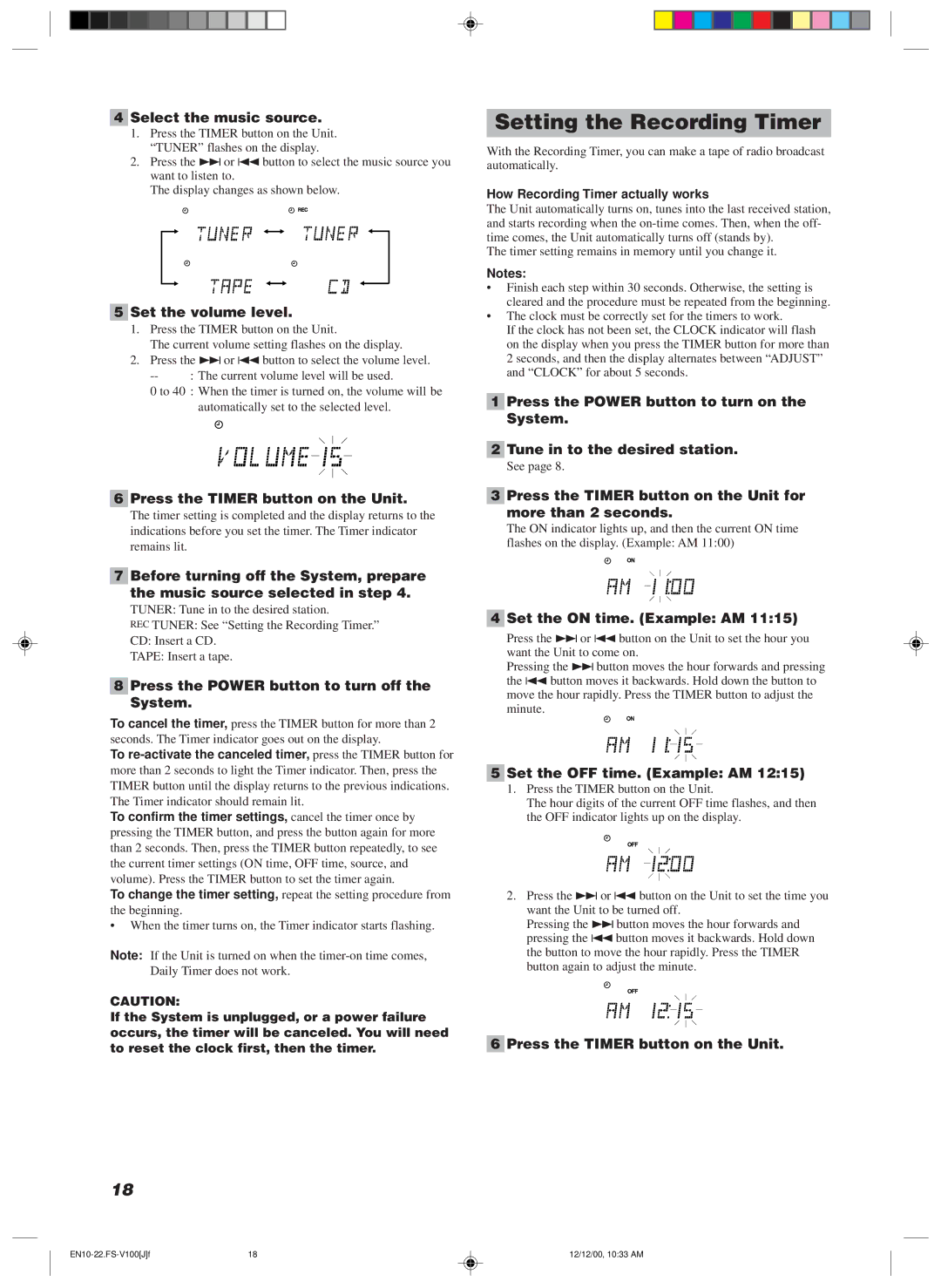 JVC FS-V100 manual Setting the Recording Timer 