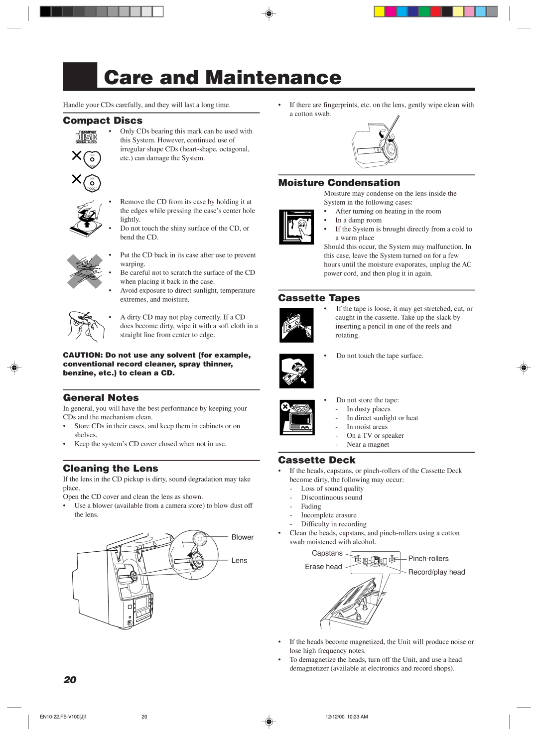 JVC FS-V100 manual Care and Maintenance 