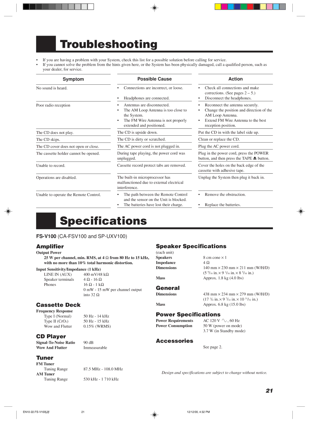 JVC FS-V100 manual Troubleshooting, Specifications 