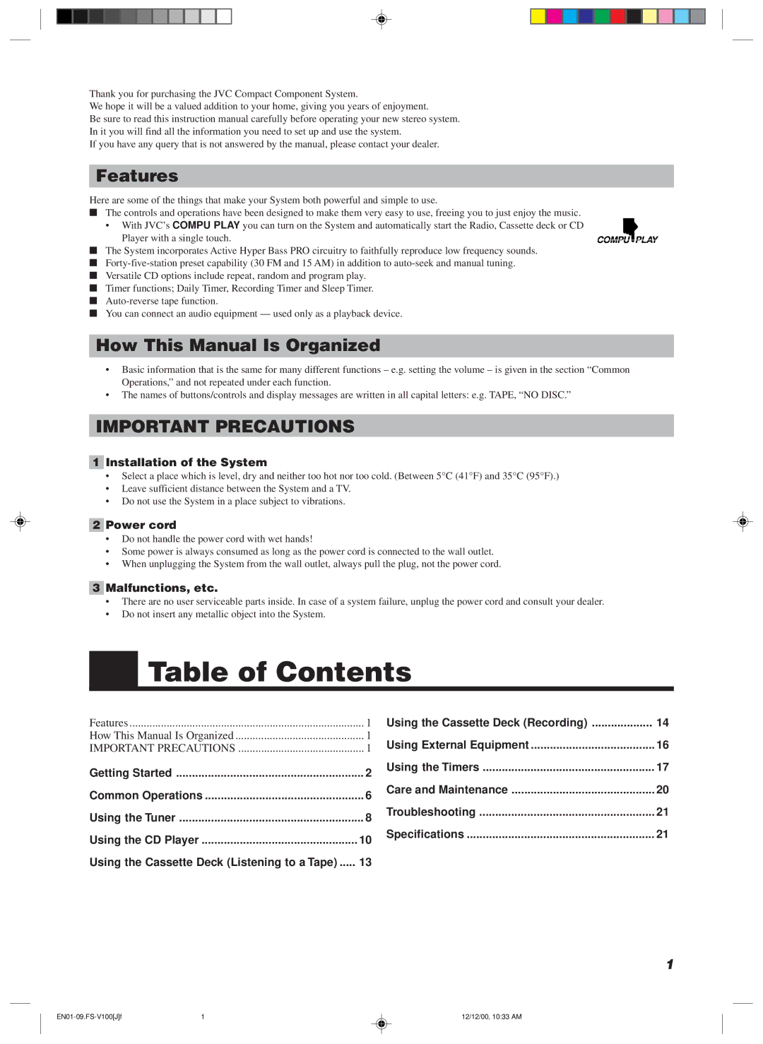 JVC FS-V100 manual Table of Contents 