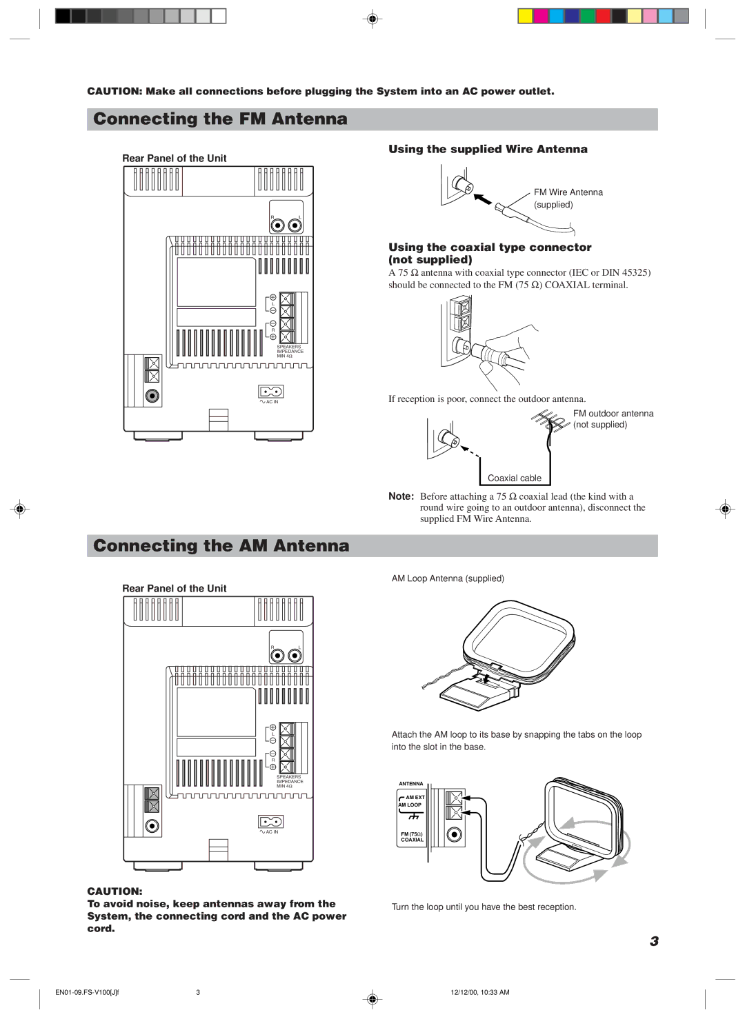 JVC FS-V100 Connecting the FM Antenna, Connecting the AM Antenna, Using the supplied Wire Antenna, Rear Panel of the Unit 