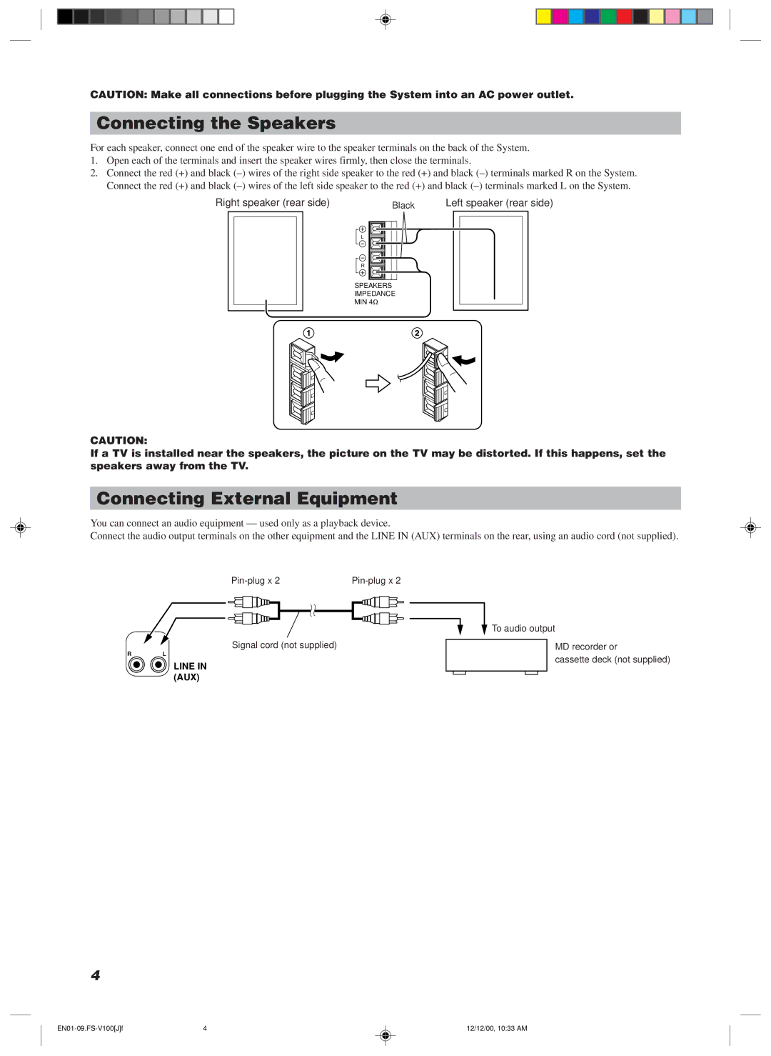 JVC FS-V100 manual Connecting the Speakers, Connecting External Equipment 