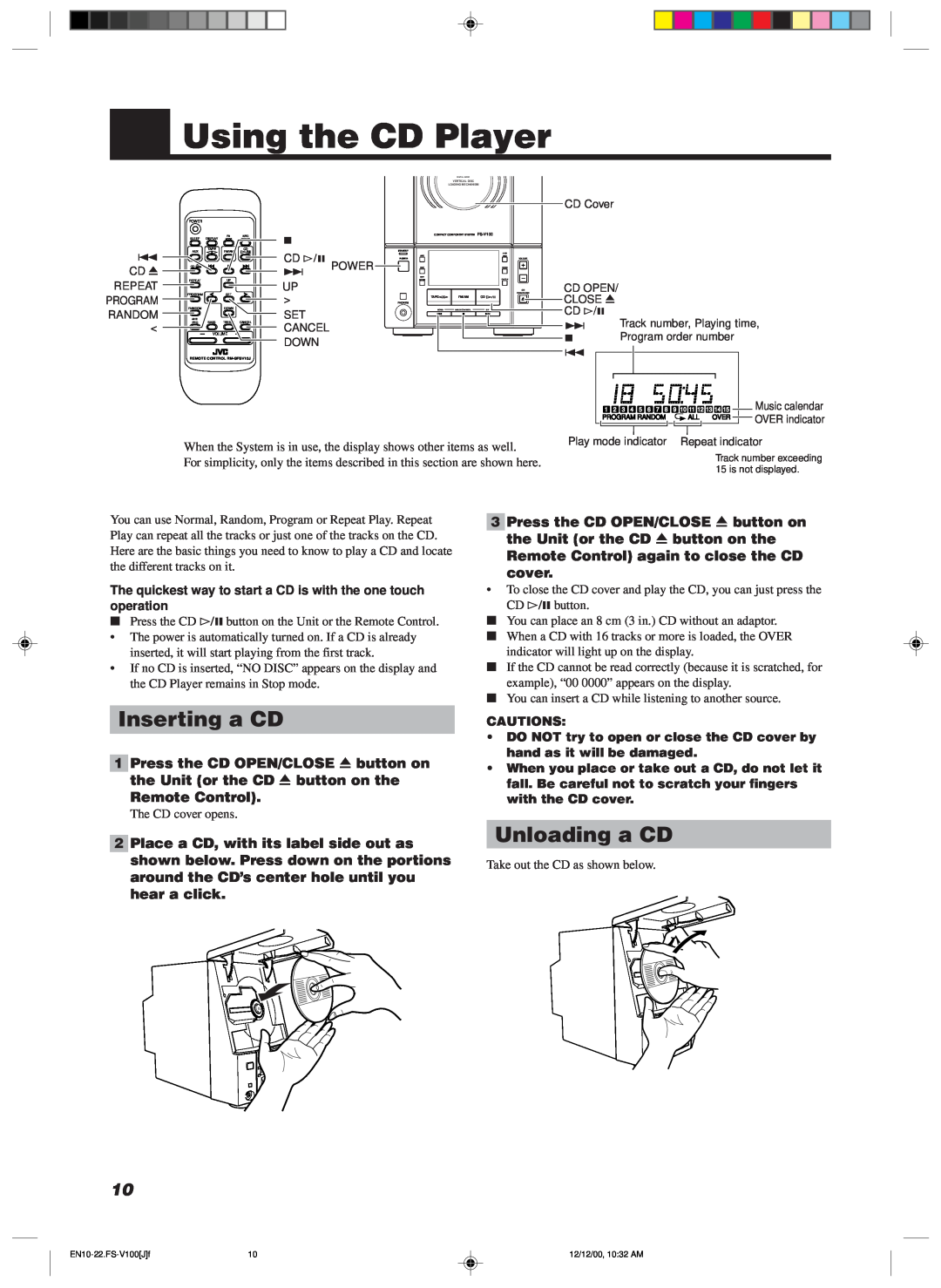 JVC FS-V100 manual Using the CD Player, Inserting a CD, Unloading a CD, Remote Control 