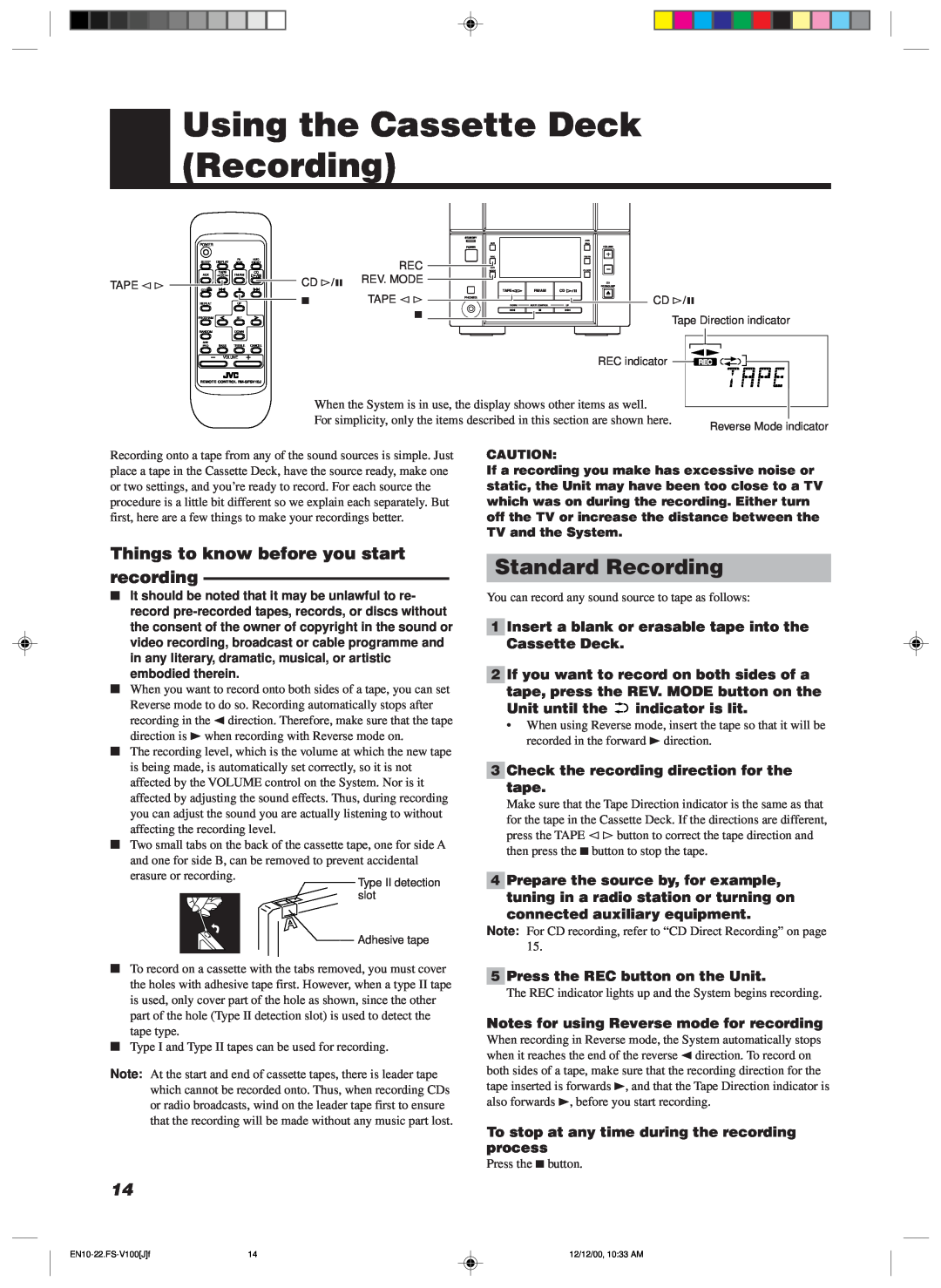 JVC FS-V100 manual Using the Cassette Deck Recording, Standard Recording, 3Check the recording direction for the tape 