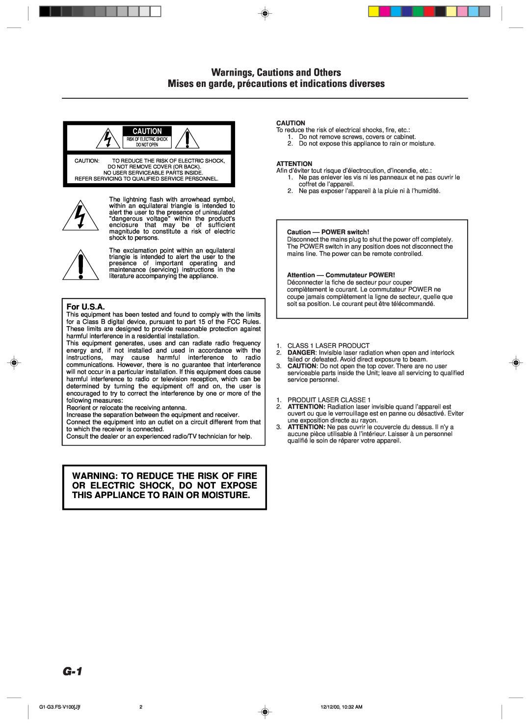 JVC FS-V100 manual For U.S.A, Warnings, Cautions and Others, Caution ––POWER switch, Attention ––Commutateur POWER 