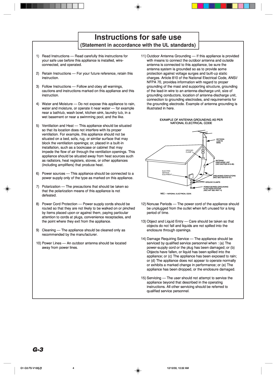 JVC FS-V100 manual Instructions for safe use, Statement in accordance with the UL standards 