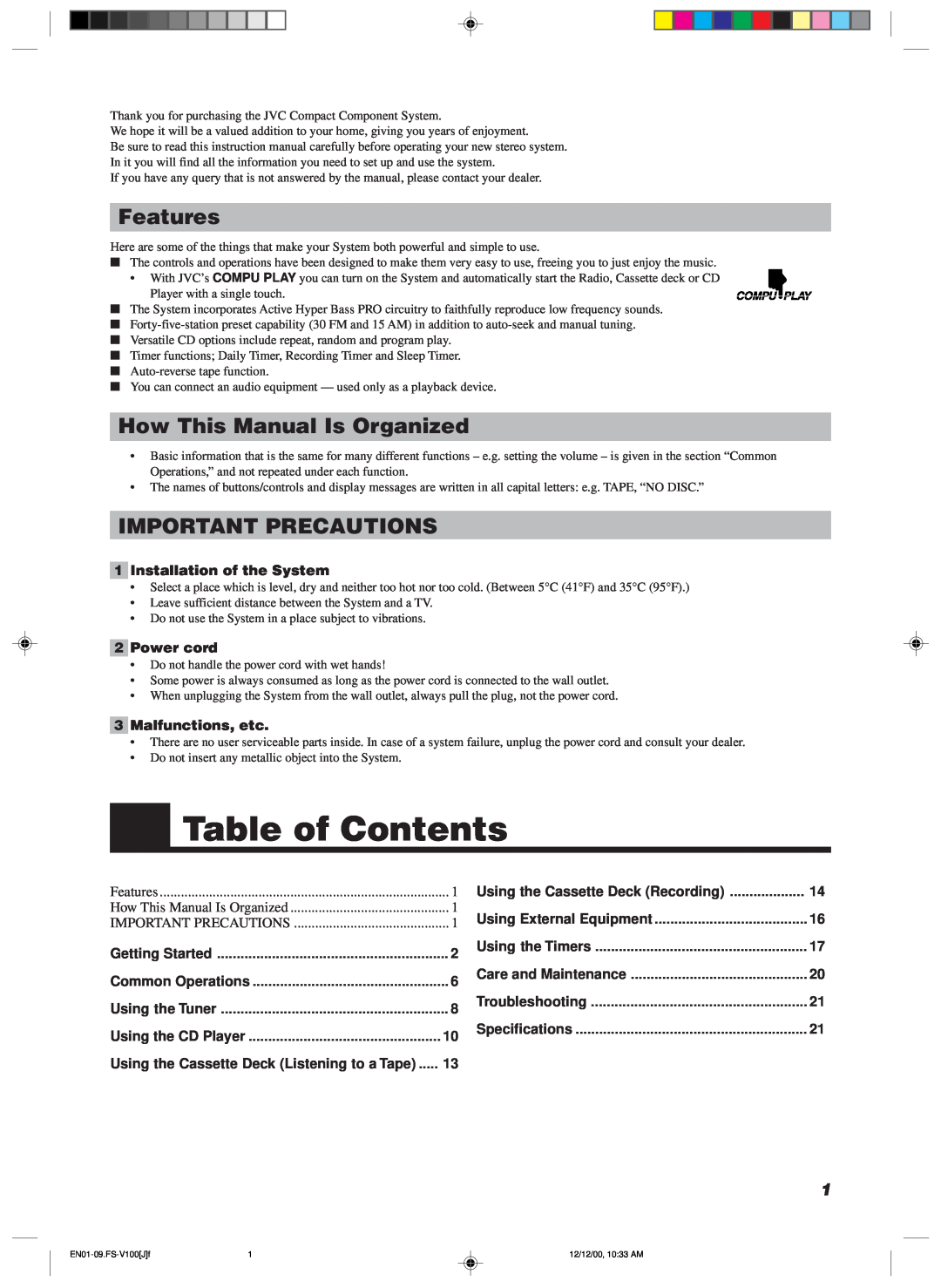 JVC FS-V100 Table of Contents, Features, How This Manual Is Organized, Important Precautions, 1Installation of the System 