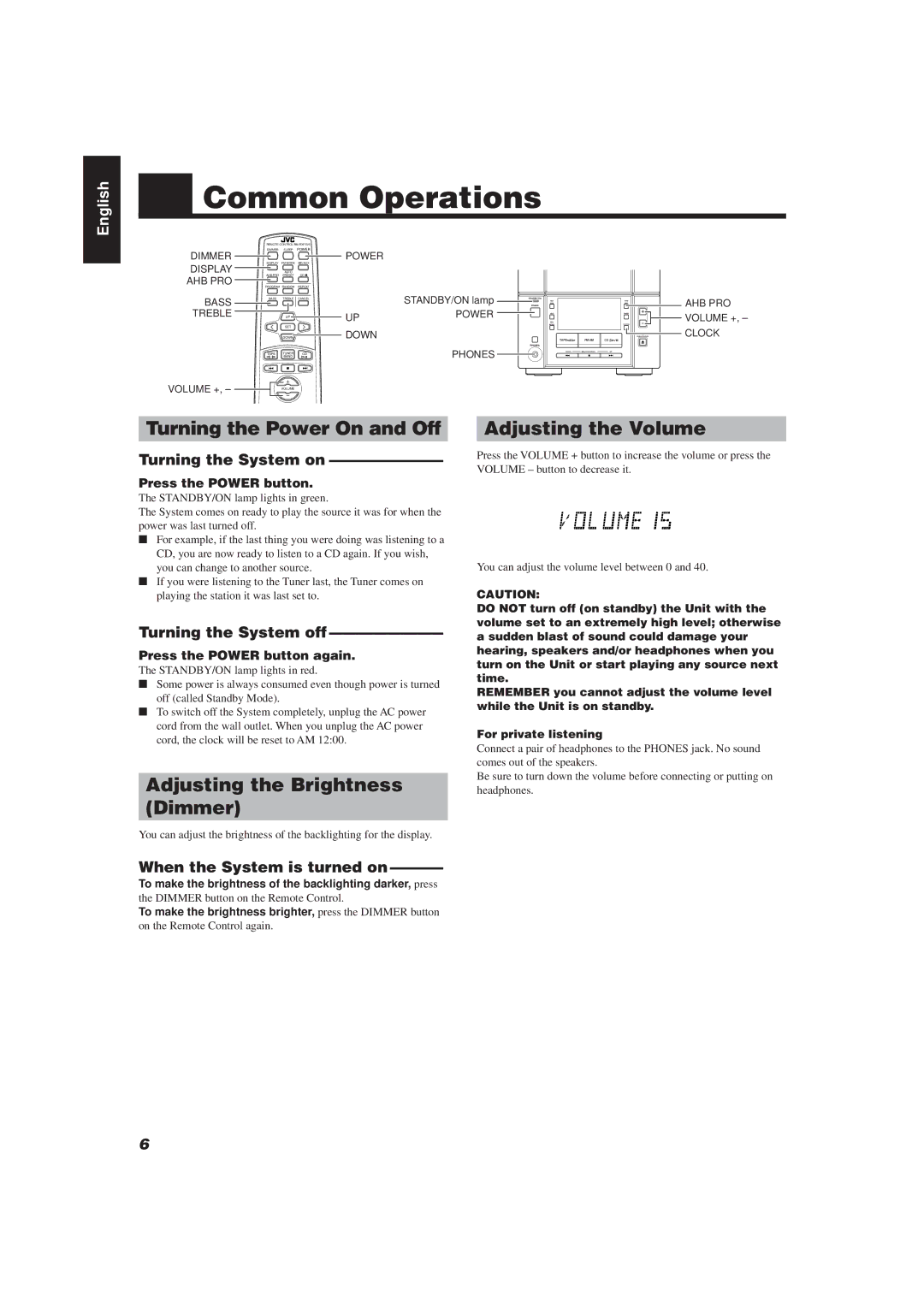 JVC FS-V30 manual Common Operations, Turning the Power On and Off Adjusting the Volume, Turning the System on 