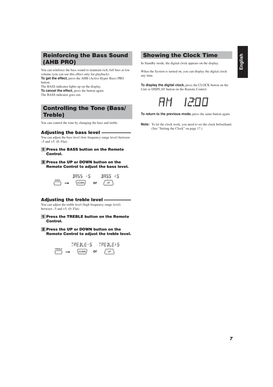 JVC FS-V30 manual Reinforcing the Bass Sound AHB PRO, Controlling the Tone Bass/ Treble, Showing the Clock Time 