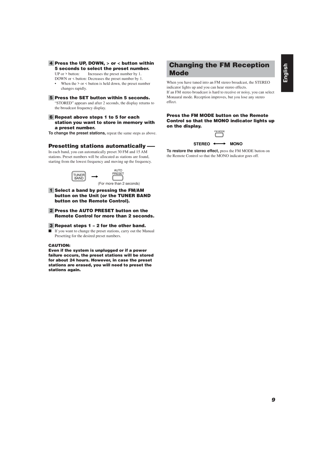 JVC FS-V30 manual Changing the FM Reception Mode, Presetting stations automatically, Press the SET button within 5 seconds 