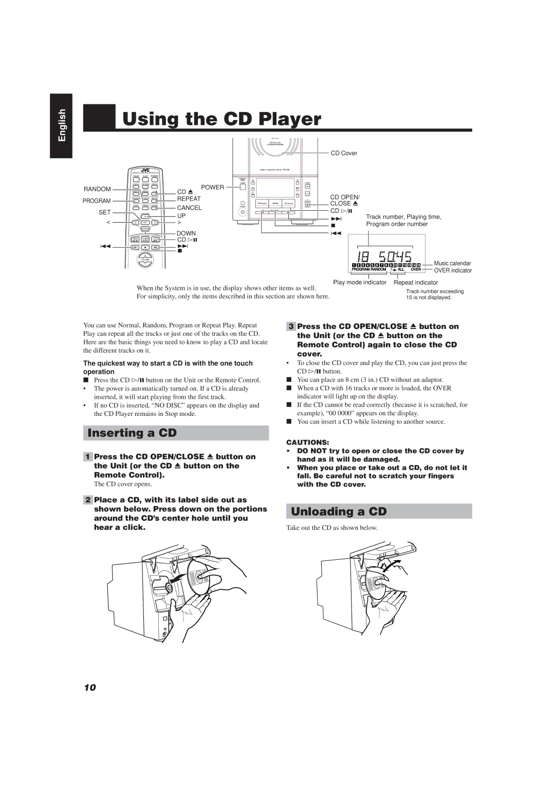 JVC FS-V30 Using the CD Player, Inserting a CD, Unloading a CD, Quickest way to start a CD is with the one touch operation 