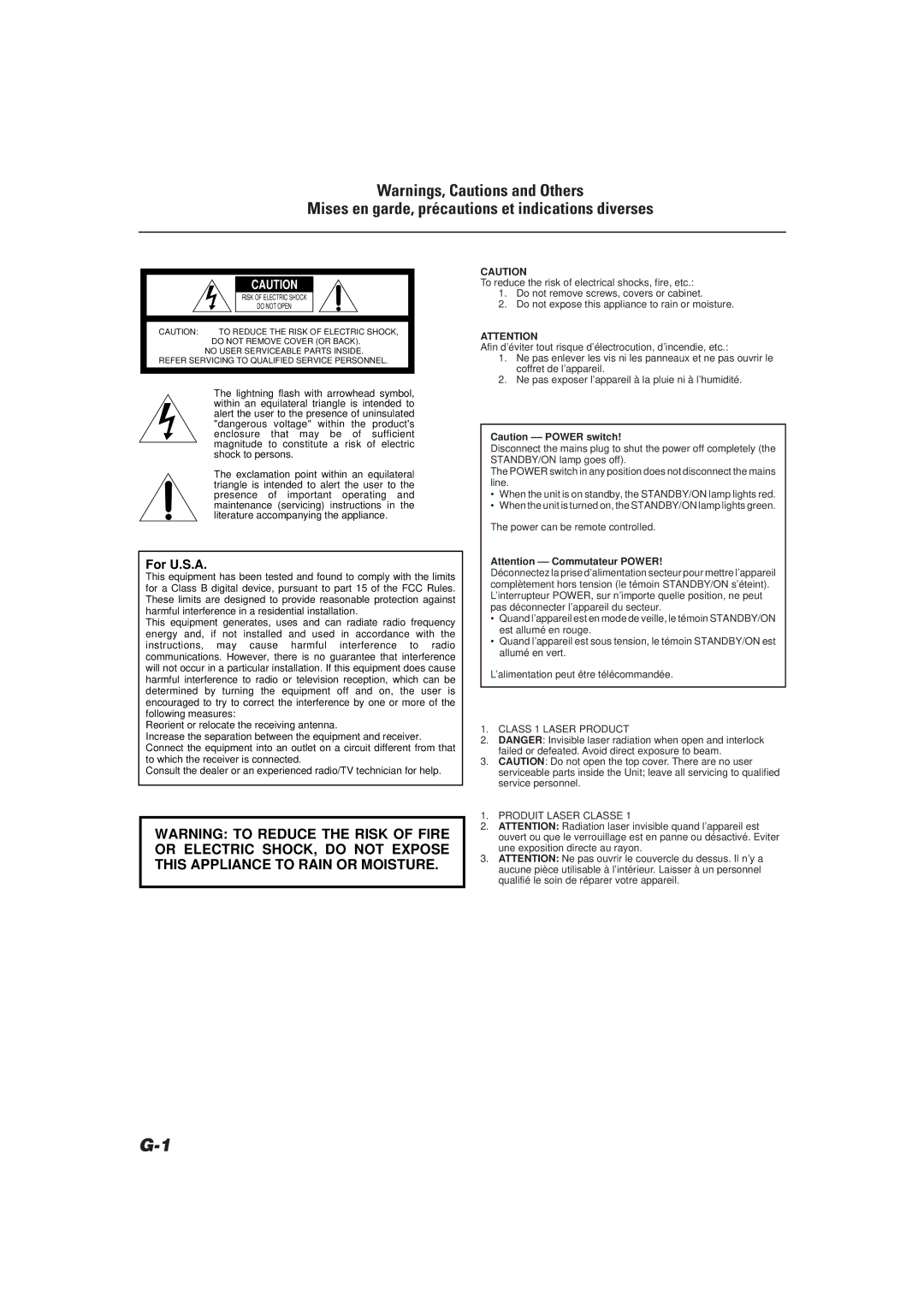 JVC FS-V30 manual Mises en garde, précautions et indications diverses, For U.S.A 