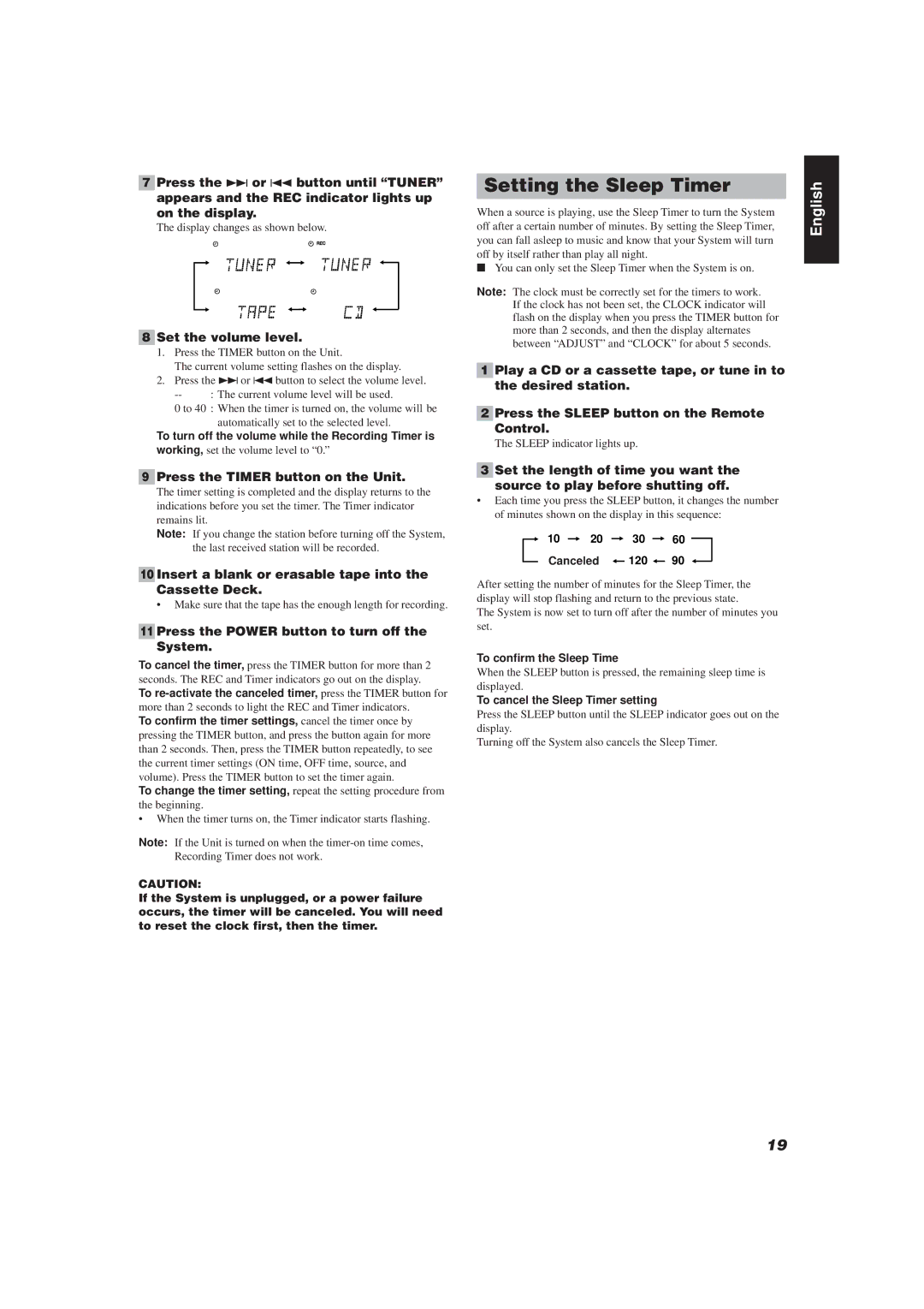 JVC FS-V30 manual Setting the Sleep Timer, Insert a blank or erasable tape into the Cassette Deck 