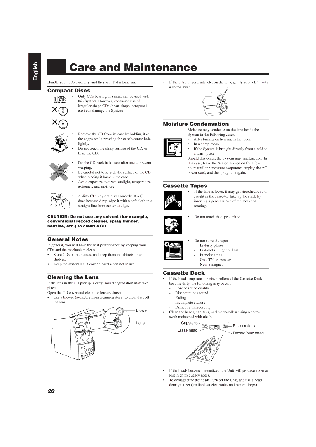 JVC FS-V30 manual Care and Maintenance 