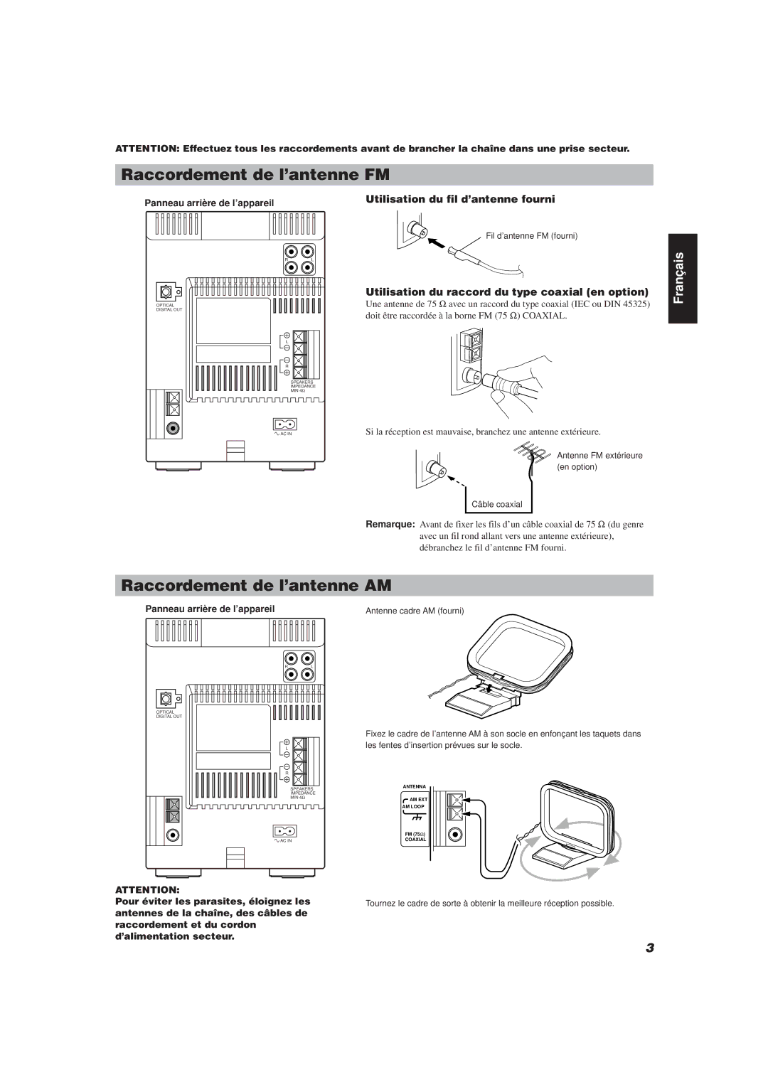 JVC FS-V30 manual Raccordement de l’antenne FM, Raccordement de l’antenne AM, Utilisation du fil d’antenne fourni 