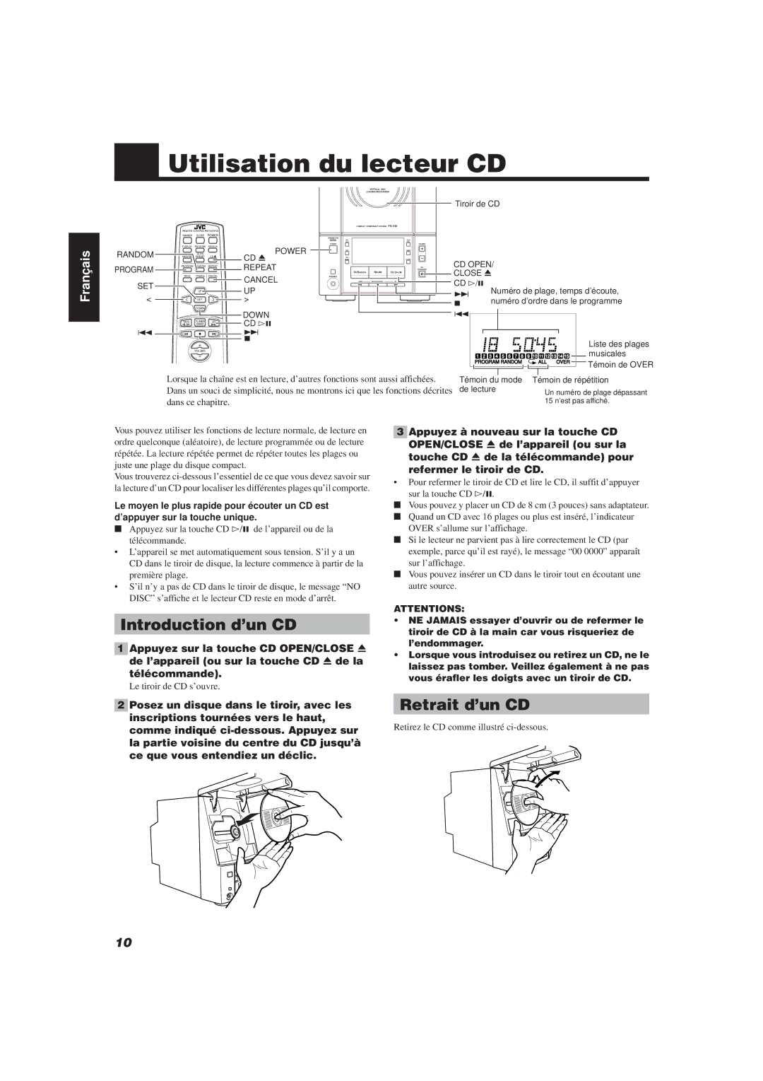 JVC FS-V30 manual Utilisation du lecteur CD, Introduction d’un CD, Retrait d’un CD 