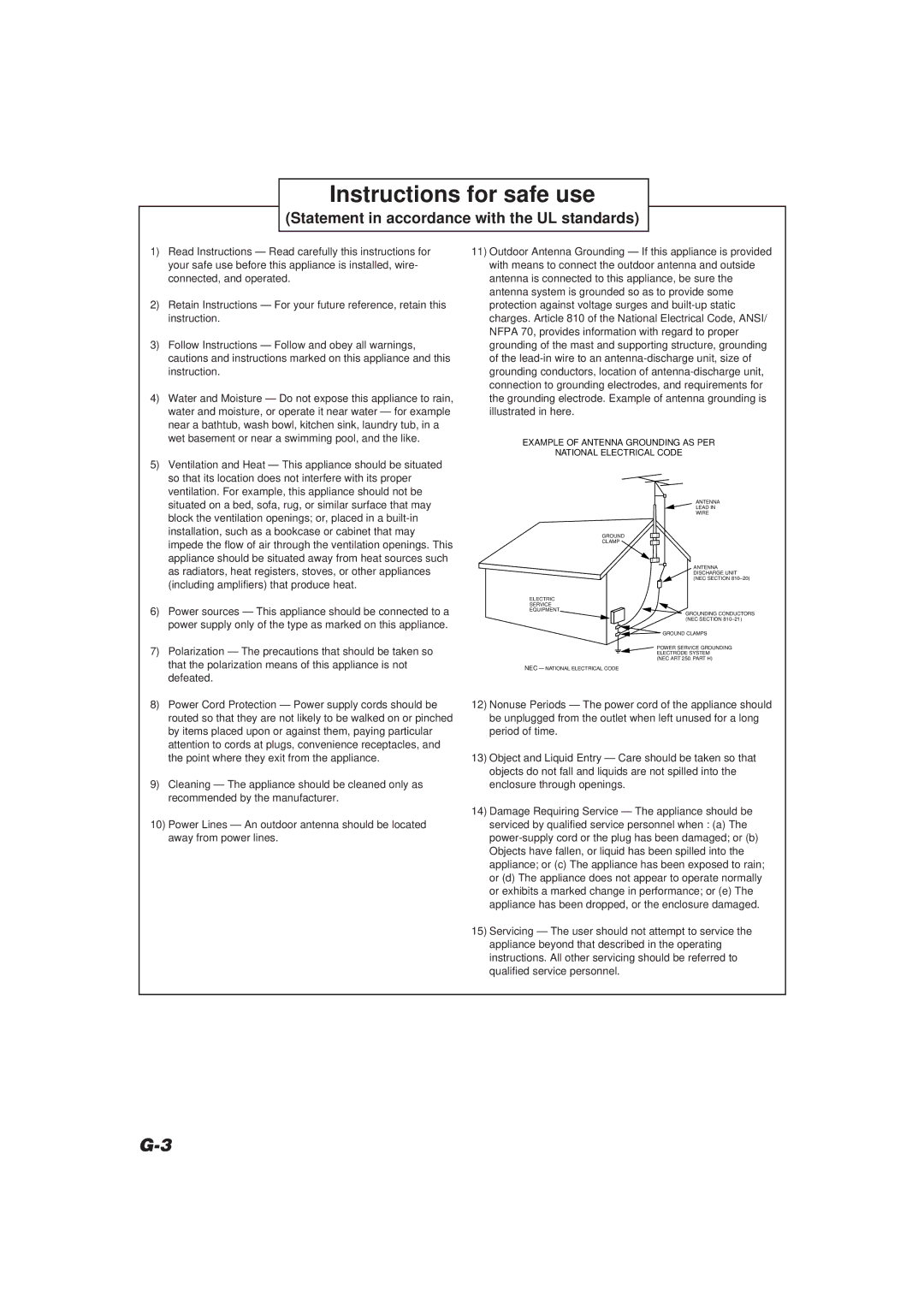 JVC FS-V30 manual Instructions for safe use, Statement in accordance with the UL standards 