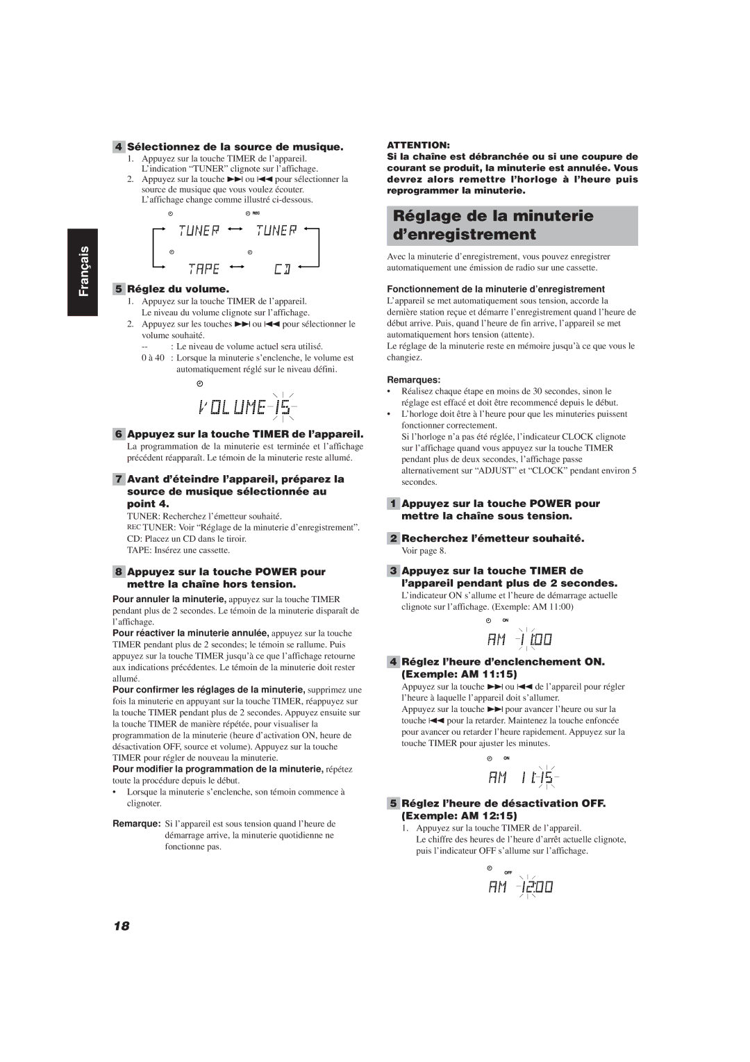 JVC FS-V30 manual Réglage de la minuterie d’enregistrement, Sélectionnez de la source de musique, Réglez du volume 