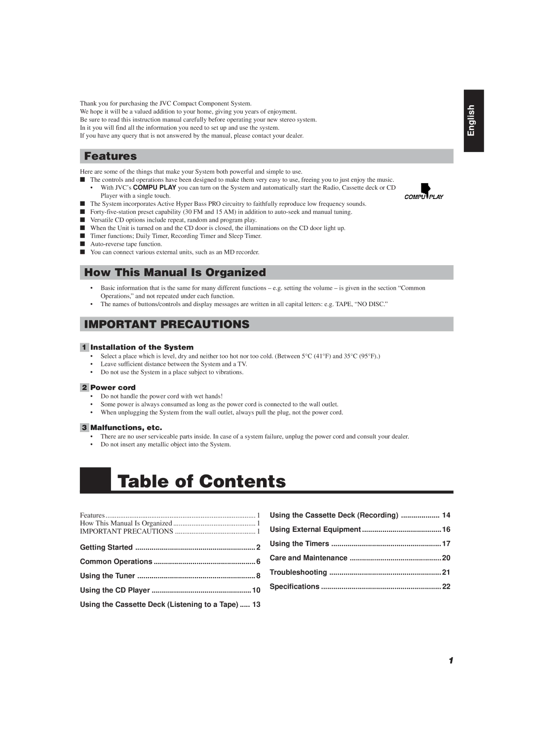 JVC FS-V30 manual Table of Contents 