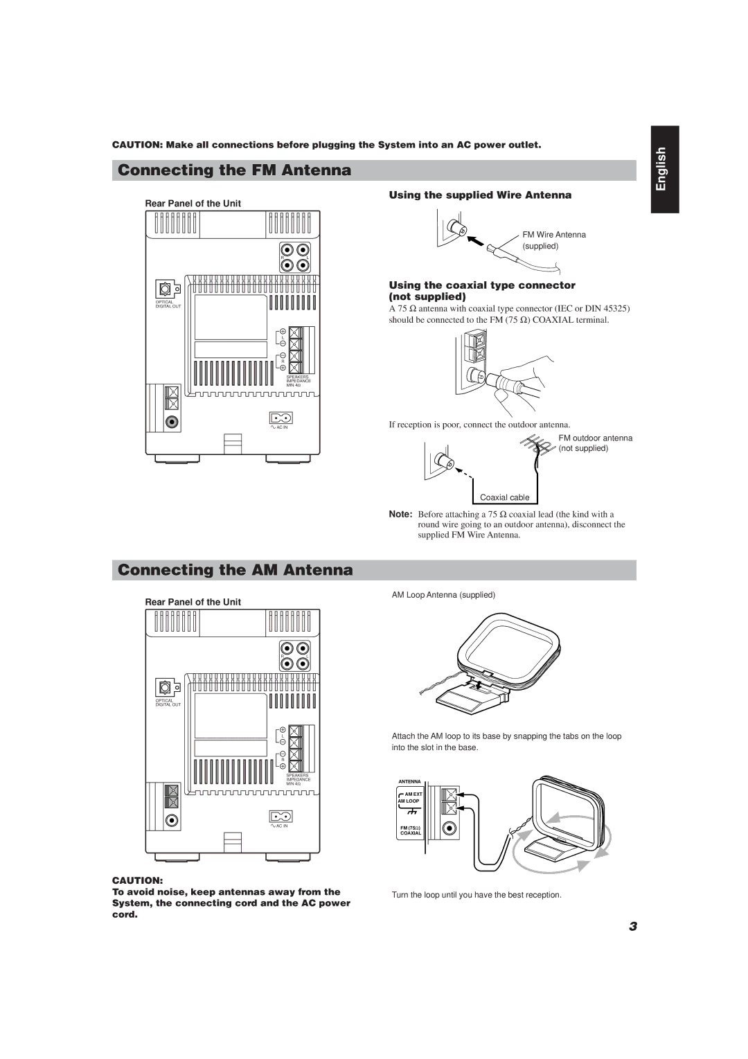 JVC FS-V30 Connecting the FM Antenna, Connecting the AM Antenna, Using the supplied Wire Antenna, Rear Panel of the Unit 