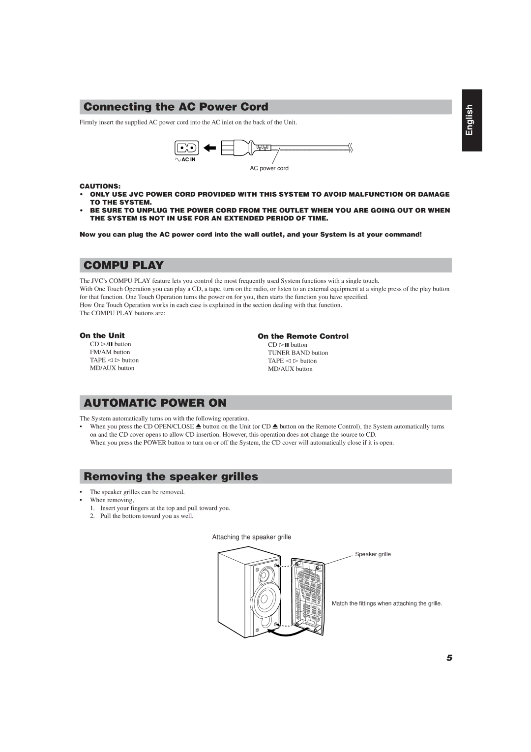 JVC FS-V30 manual Connecting the AC Power Cord, Removing the speaker grilles, On the Unit On the Remote Control 