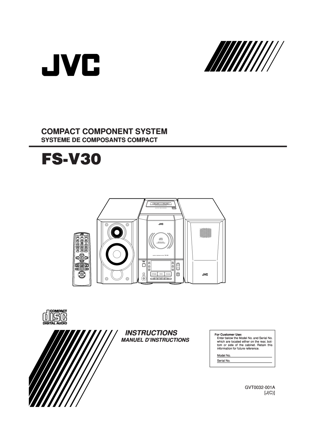 JVC FS-V30 manual Compact Component System, Manuel D’Instructions, GVT0032-001AJC, Systeme De Composants Compact, Tape 