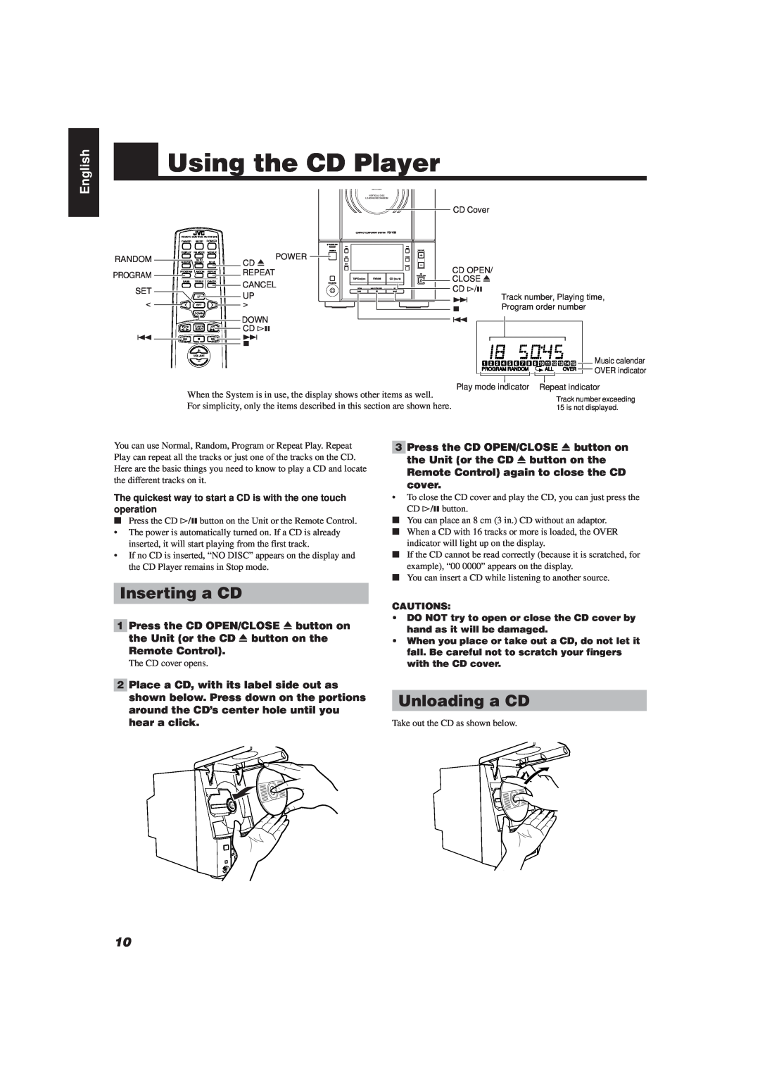 JVC FS-V30 manual Using the CD Player, Inserting a CD, Unloading a CD, English 