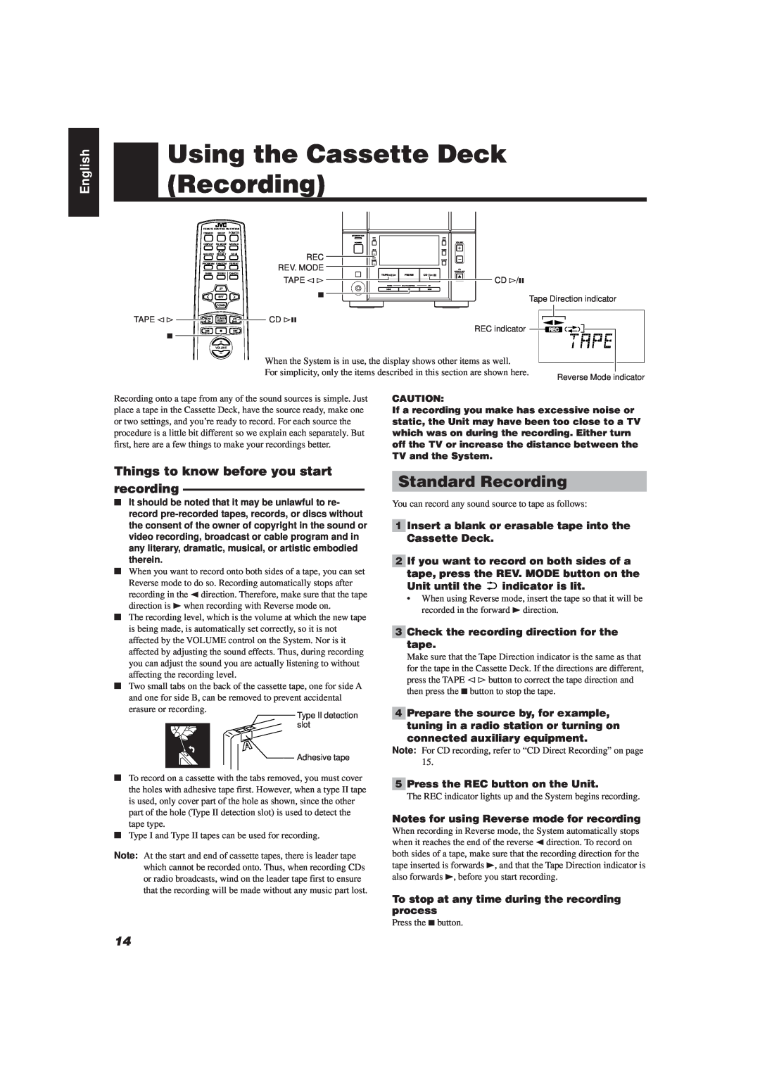 JVC FS-V30 manual Using the Cassette Deck Recording, Standard Recording, English 