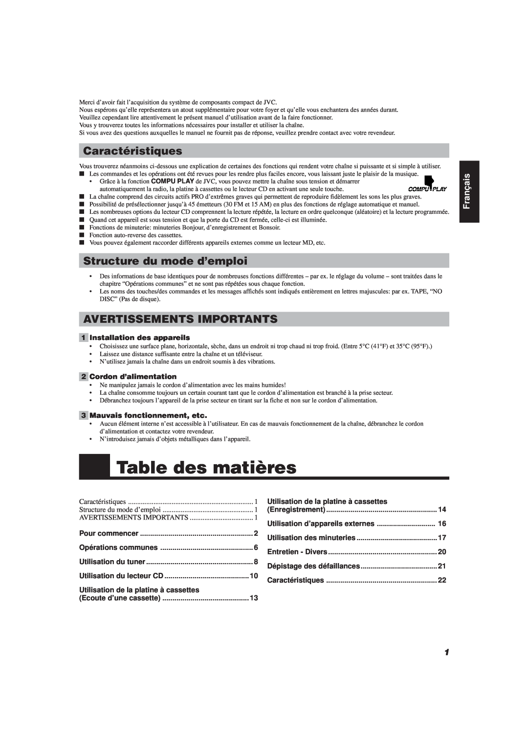 JVC FS-V30 manual Table des matières, Caractéristiques, Structure du mode d’emploi, Avertissements Importants, Français 