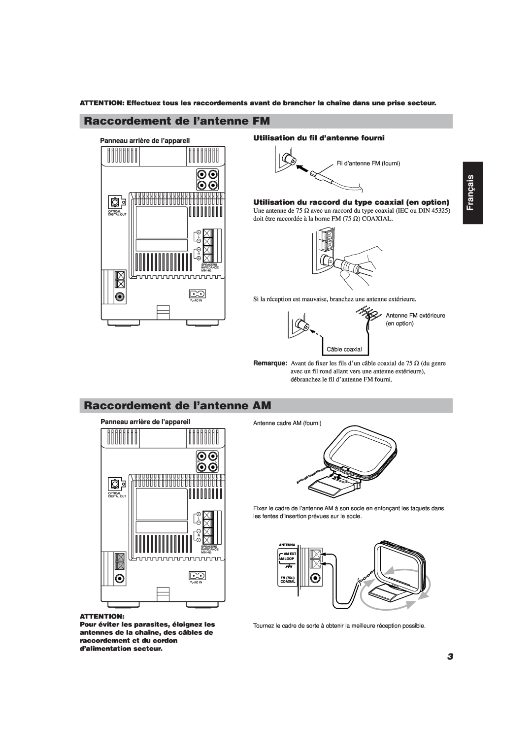 JVC FS-V30 manual Raccordement de l’antenne FM, Raccordement de l’antenne AM, Français, Utilisation du fil d’antenne fourni 