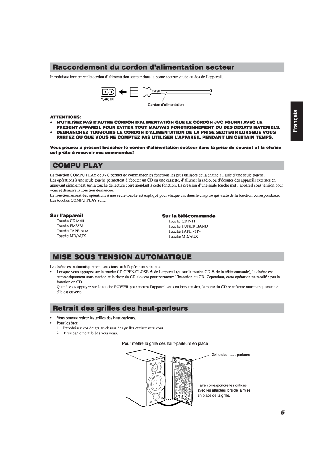JVC FS-V30 manual Raccordement du cordon d’alimentation secteur, Mise Sous Tension Automatique, Compu Play, Français 