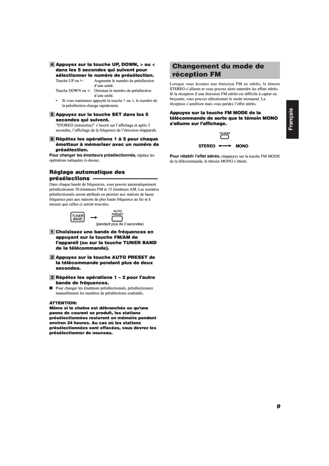 JVC FS-V30 manual Changement du mode de réception FM, Français 