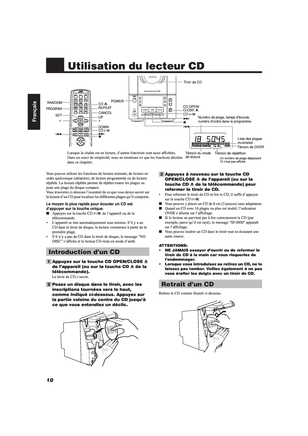 JVC FS-V30 manual Utilisation du lecteur CD, Introduction d’un CD, Retrait d’un CD, Français 