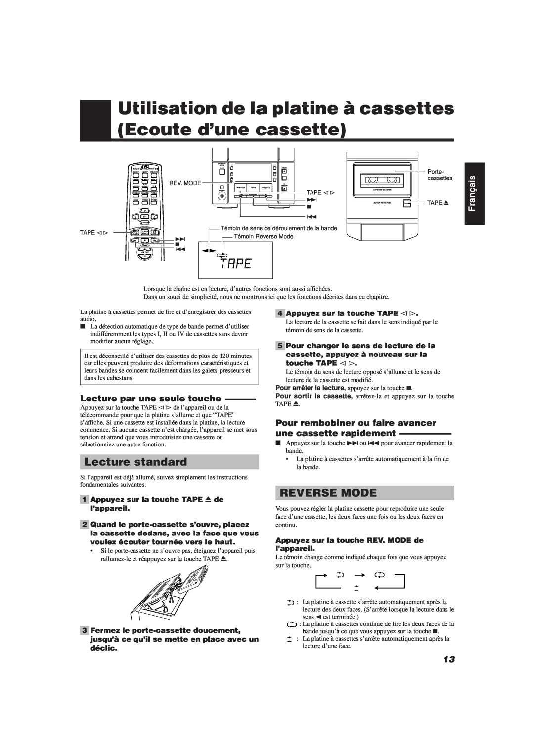 JVC FS-V30 manual Lecture standard, Reverse Mode, Lecture par une seule touche, Français 
