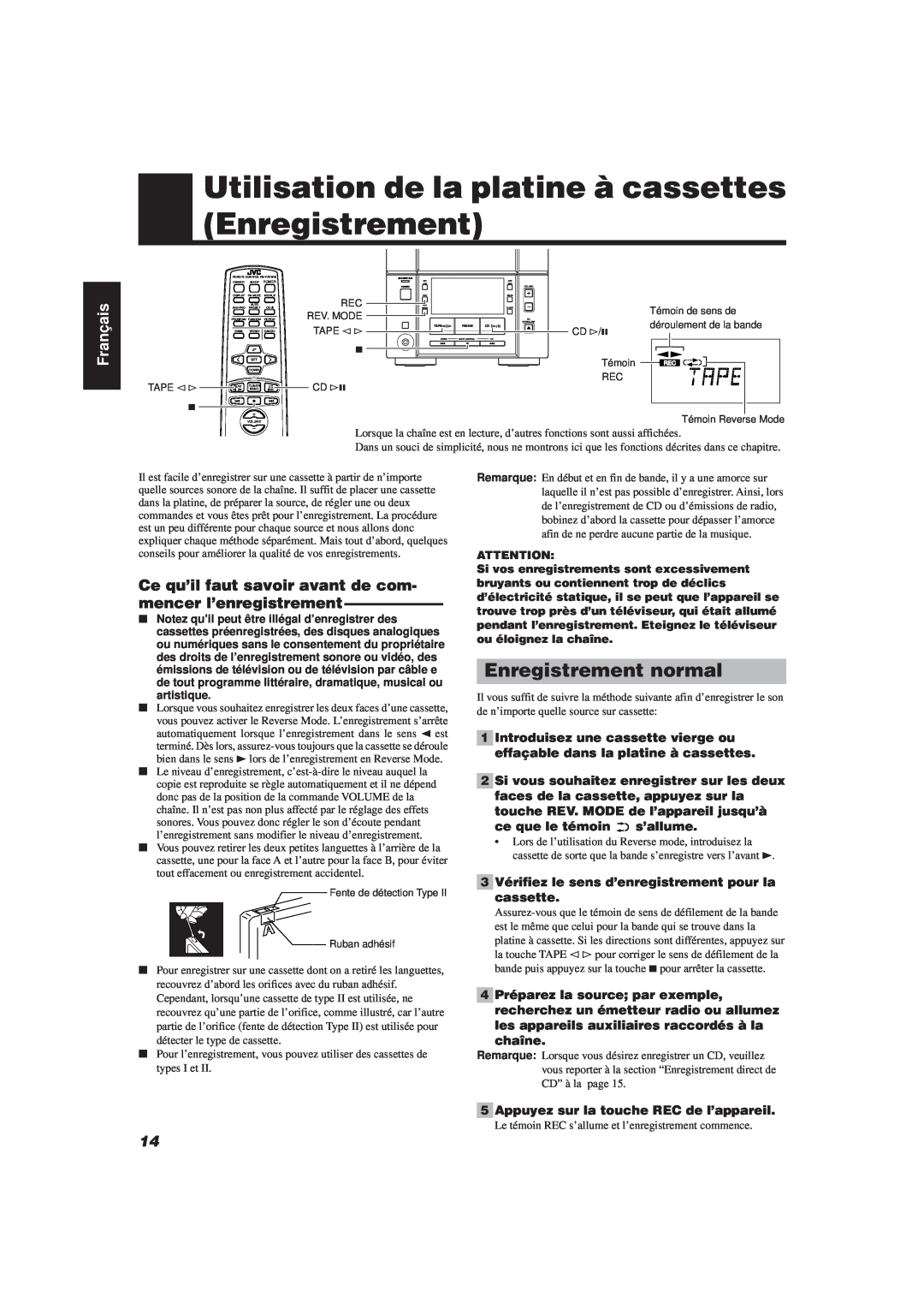 JVC FS-V30 manual Enregistrement normal, Français 