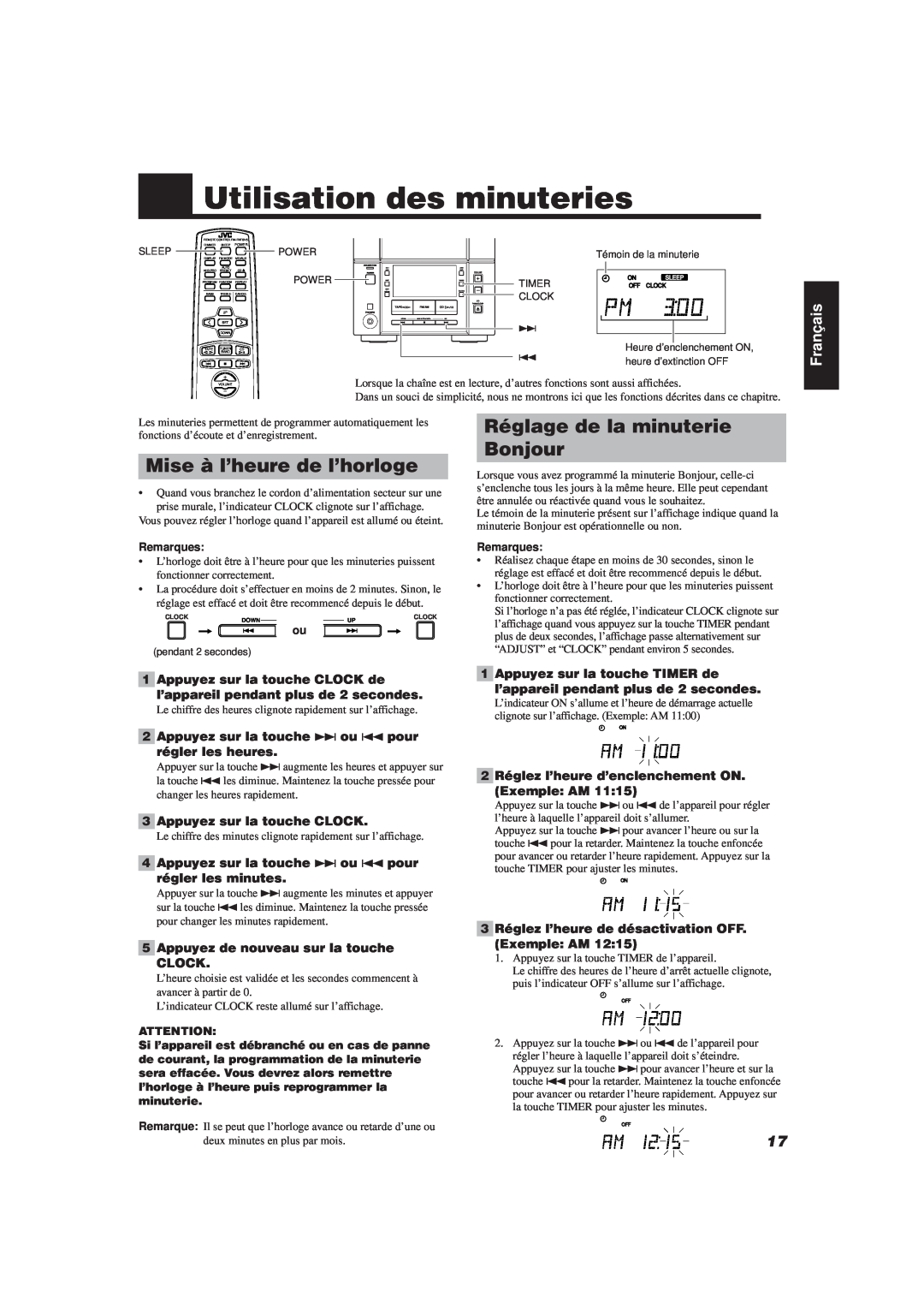 JVC FS-V30 manual Utilisation des minuteries, Mise à l’heure de l’horloge, Réglage de la minuterie Bonjour, Français 