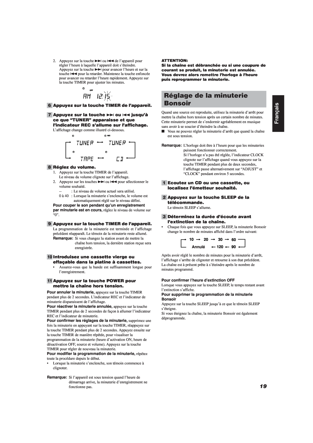 JVC FS-V30 manual Réglage de la minuterie, Bonsoir, 6Appuyez sur la touche TIMER de l’appareil, 8Réglez du volume, Français 