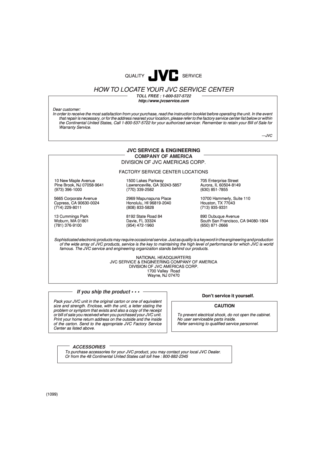 JVC FS-V30 manual Jvc Service & Engineering Company Of America, Division Of Jvc Americas Corp, Qualityservice, Accessories 