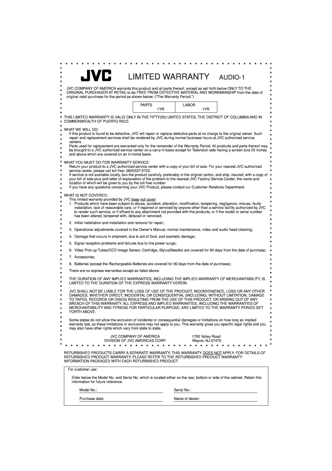 JVC FS-V30 manual LIMITED WARRANTY AUDIO-1 